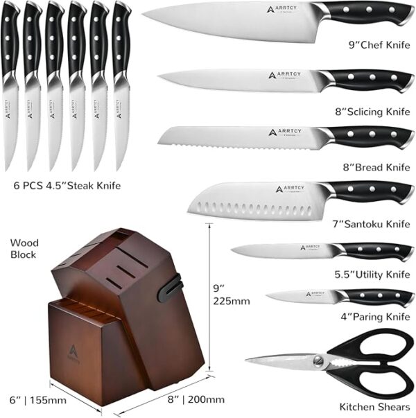 Knife Set with Block - 15 Pieces Kitchen Knife Set with Sharpener - Knife Block Set High Carbon Stainless Steel Ultra Sharp Blades - Triple Rivet Ergonomic Handle - Dishwasher Safe Chef Knife Set - Image 3