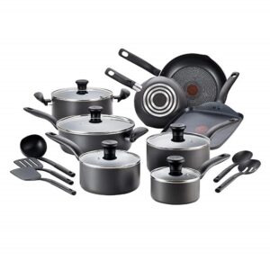 T-fal Initiatives Nonstick Cookware Set 18 Piece, Oven Broiler Safe 350F, Kitchen Cooking Set w/Fry Pans, Saucepans, Stockpots, Skillet, Spoons, Lids Pots and Pans Set Non Stick Dishwasher Safe Black