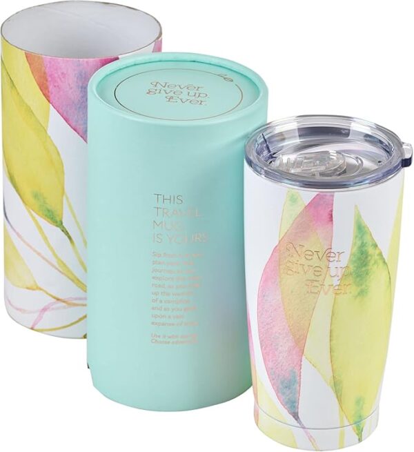 Heartfelt Insulated Travel Mug Never Give Up Ever, Citrus Leaves, Stainless Steel - Image 4