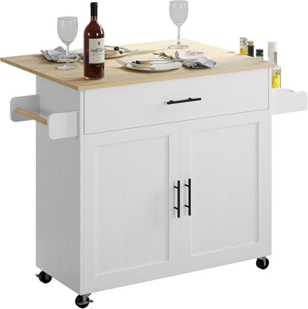 IRONCK Rolling Kitchen Island Table on Wheels with Drop Leaf, Storage Cabinet, Drawer, Spice/Towel Rack, Kitchen Cart, 47.25" Wide White - Image 2