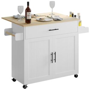 IRONCK Rolling Kitchen Island Table on Wheels with Drop Leaf, Storage Cabinet, Drawer, Spice/Towel Rack, Kitchen Cart, 47.25" Wide White
