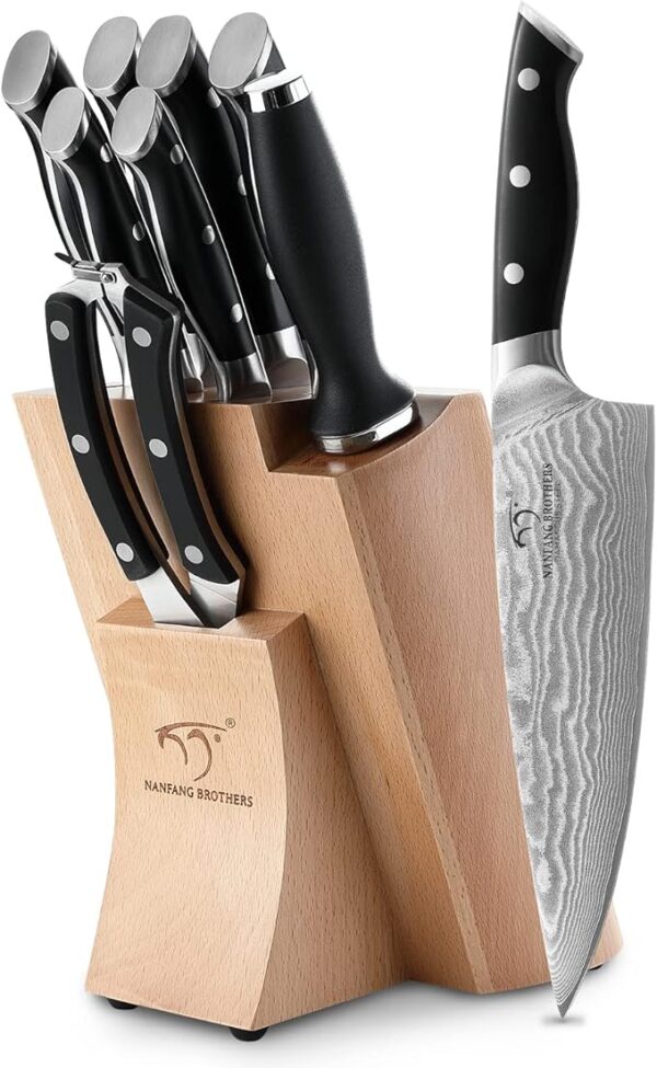 NANFANG BROTHERS Knife Sets, 9 Pieces Damascus Kitchen Knife Set with Block, ABS Ergonomic Handle for Chef Knife Set, Knife Sharpener and Kitchen Shears, Knife Block Set - Image 2