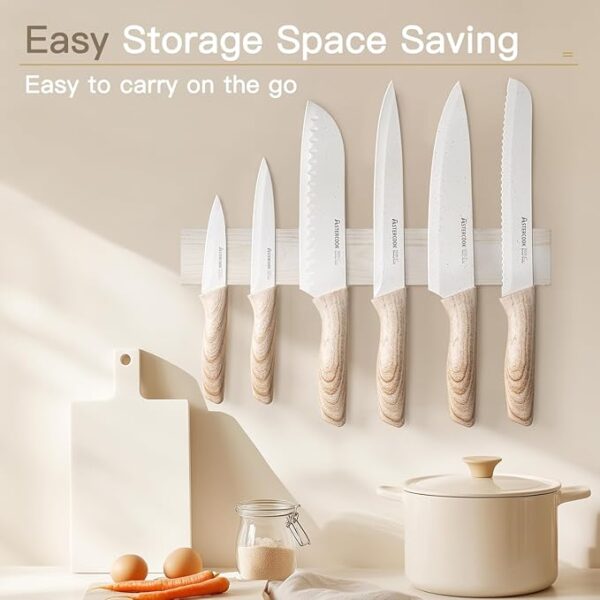 Astercook Knife Set, 13 Pieces Kitchen Knives Set with Ceramic Coating, Stainless Steel Chef Knife Sets with 6 Blade Guards, Dishwasher Safe Knife with Wooden Handle, White - Image 4
