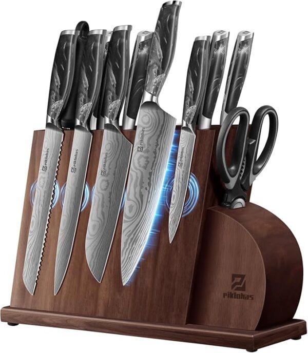 Knife Set for Kitchen 14 Pieces with Magnetic Block, German Razor Sharp High Carbon Stainless Steel Damascus Pattern, Full Tang Ergonomic Handle, Black Flowing Cloud Design - Image 2