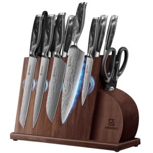 Knife Set for Kitchen 14 Pieces with Magnetic Block, German Razor Sharp High Carbon Stainless Steel Damascus Pattern, Full Tang Ergonomic Handle, Black Flowing Cloud Design