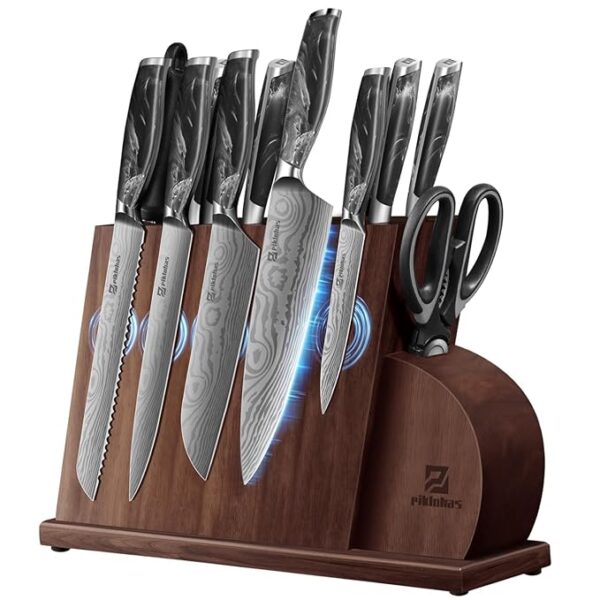 Knife Set for Kitchen 14 Pieces with Magnetic Block, German Razor Sharp High Carbon Stainless Steel Damascus Pattern, Full Tang Ergonomic Handle, Black Flowing Cloud Design