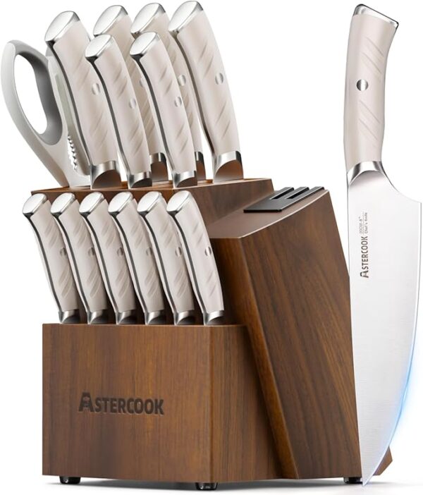 Astercook Knife Set Kitchen with Block and Dual Sharpener Full Tang 15 Pcs German Stainless Steel Knives Dishwasher Safe Kitchen Utensils Set with Anti-slip Ergonomic Handle, Elegant White - Image 2