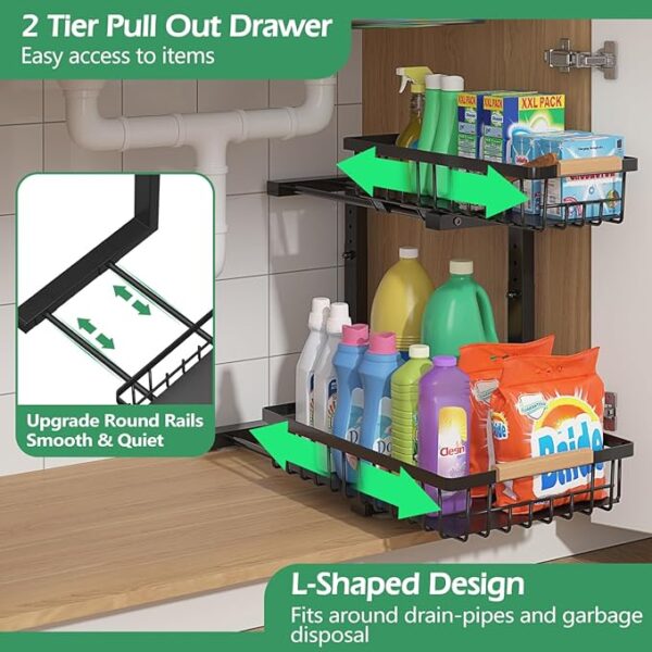 ADRIMER Under Sink Organizer 2 Packs, Pull Out Kitchen Sink Organizer, 2 Tier Slide Out Kitchen Organizers and Storage Bathroom Under Cabinet Storage Shelf, Black - Image 3