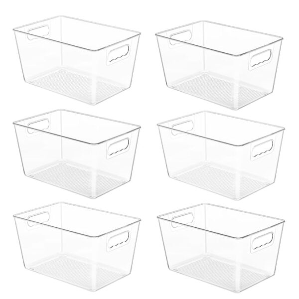 YIHONG 6 Pack Clear Pantry Organizer Bins, Plastic Containers with Handle for Kitchen,Freezer,Cabinet,Closet,Bathroom Under Sink Storage