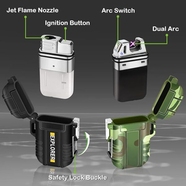 2 Pack Waterproof Lighter Outdoor Windproof Torch Lighters Dual Arc Butane Electric Lighters USB Rechargeable Lighters Flameless Plasma Lighter Camping Hiking Adventure Survival Tactical Gear - Image 5