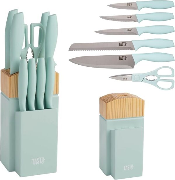 Kitchen Knife Set with Block, Cutlery Set includes Chef, Bread, Utility, Paring, Steak Knives & Shears, 10-Piece, Aqua - Image 2