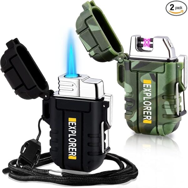 2 Pack Waterproof Lighter Outdoor Windproof Torch Lighters Dual Arc Butane Electric Lighters USB Rechargeable Lighters Flameless Plasma Lighter Camping Hiking Adventure Survival Tactical Gear - Image 2