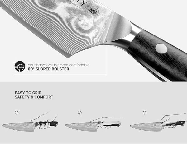 Damascus Kitchen Knife Set 3 PCS: NSF Food-Safe Japanese Knives with VG10 Steel Core, Ultra-Sharp Professional Chef Knife Set and Full Tang G10 Handle, Elegant Box - Image 10