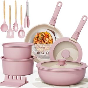 Astercook 21 Pcs Pots and Pans Set Non Stick, Ceramic Cookware Set Detachable Handle, RV Kitchen Cooking Set Removable Handles, Oven Safe, Induction Ready, Stackable Non-stick Set, Pink
