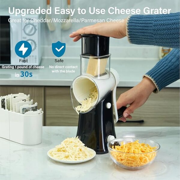 Rotary Cheese Grater Hand Crank, 5-in-1 Rotary Cheese Grater, Stronger Suction, Easy to Clean Grater for Fruit, Vegetables, Nuts, Black - Image 3