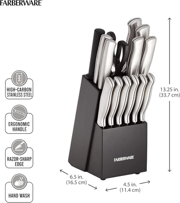 Farberware 15-Piece High-Carbon Stamped Stainless Steel Kitchen Knife Set with Wood Block, Steak Knives, Razor-Sharp, Black, Ultra-Sharp Blades, Ergonomic Comfort Grip - Image 3