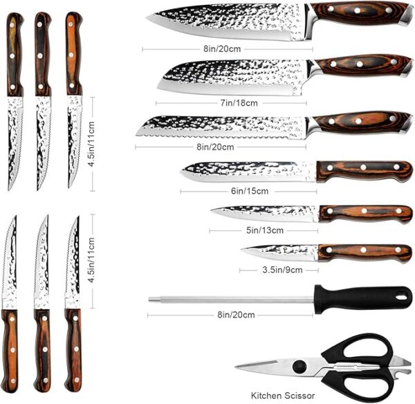 Kitchen Knife Set,15-Piece Knife Set With Block Wooden,Self Sharpening For Chef Knife Set,High Carbon Japan Stainless Steel Hammered Collection Knife Block Set with Steak Knives, Boxed Knife Set - Image 3