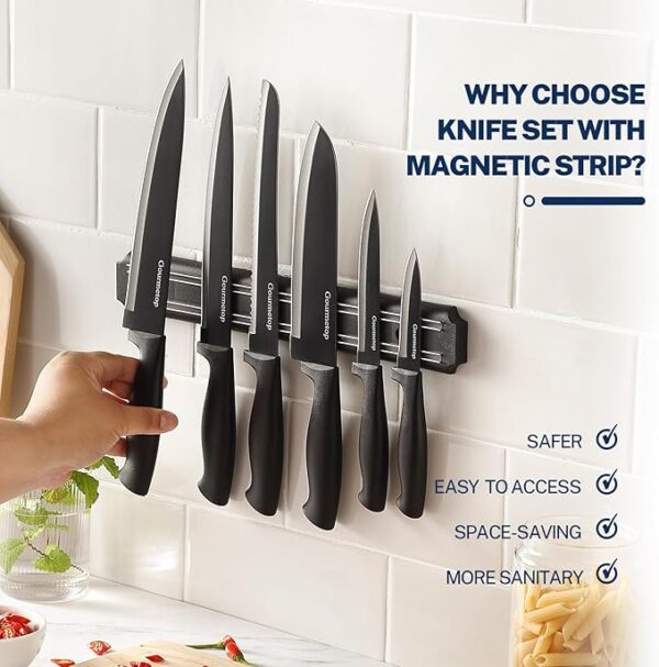 Kitchen Knife Set with No Drilling Magnetic Strip for Kitchen Black Titanium Small Cooking Knives, Sharp Stainless Steel Chef Knife Set for Cutting Meat & Vegetable - Image 3