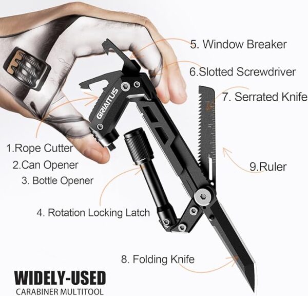 Carabiner Multitool 8-in-1 EDC Carabiners Pocket Knife, Serrated Knife, Rope Cutter, Screwdriver, Can Bottle Opener, Ruler, Survival Gear for Camping Climbing, Christmas Gifts for Men Women (Black) - Image 3