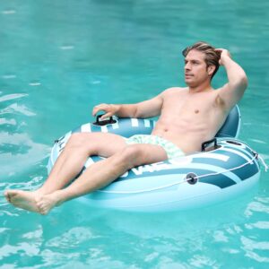 River Tube Floats for Adults Heavy Duty Pool Floats Inflatable Water Tube with Cup Holeder, Drink Cooler and Mesh Bottom Backrest (2 Pack Single/Double)
