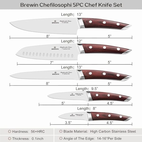 Brewin CHEFILOSOPHI Japanese Chef Knife Set 5 PCS with Elegant Red Pakkawood Handle Ergonomic Design,Professional Ultra Sharp Kitchen Knives for Cooking High Carbon Stainless Steel - Image 6