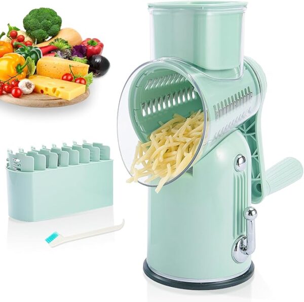 Manual Rotary Cheese Grater with Handle, 5 in 1 Replaceable Stainless Blades Cheese Shredder,Strong Suction Base Vegetable Slicer with Cleaning Brush & Bonus Storage Box for Blades (green) - Image 2