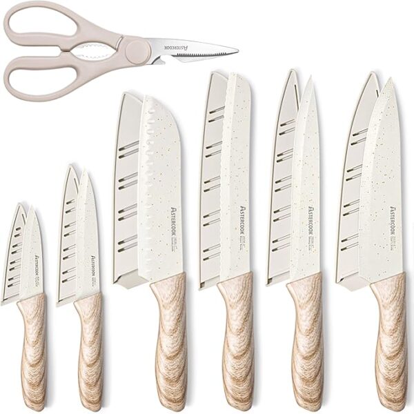 Astercook Knife Set, 13 Pieces Kitchen Knives Set with Ceramic Coating, Stainless Steel Chef Knife Sets with 6 Blade Guards, Dishwasher Safe Knife with Wooden Handle, White - Image 2