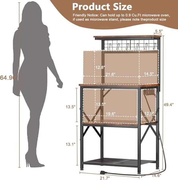 Furologee Kitchen Bakers Rack with Power Outlet, Microwave Oven Stand with Storage 4 Tiers, Coffee Bar Table with 6 S Hooks, Kitchen Storage Shelf Rack for Spices, Pots, Rustic Brown - Image 5