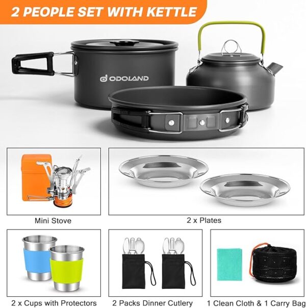 Odoland 16pcs Camping Cookware Set with Folding Camping Stove, Non-Stick Lightweight Pot Pan Kettle Set with Stainless Steel Cups Plates Forks Knives Spoons for Camping Backpacking Outdoor Picnic - Image 3
