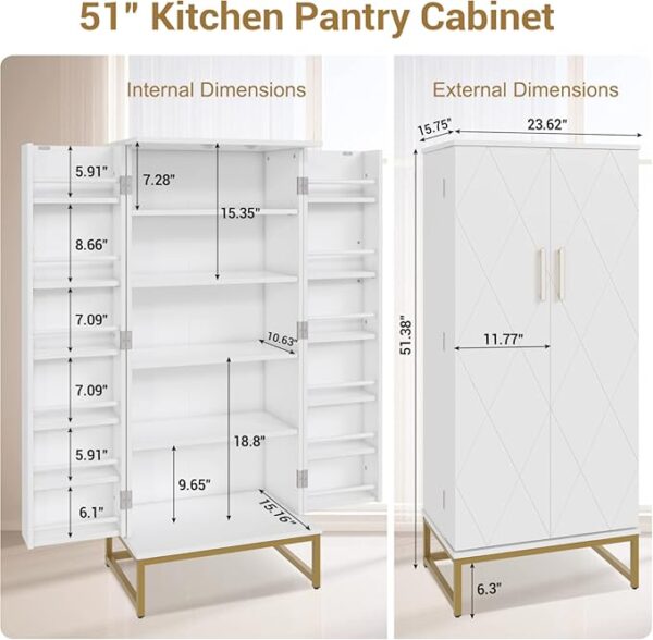 51â Pantry Cabinets, White Freestanding Kitchen Pantry Storage Cabinet with Adjustable Shelves, Buffet Cupboards Storage Cabinet for Home Office Use, White + Gold - Image 3