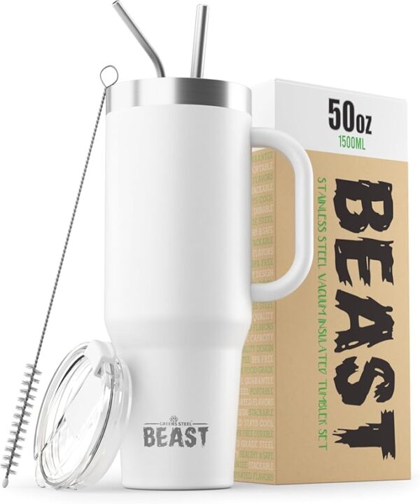 Beast 50 oz Tumbler Stainless Steel Vacuum Insulated Coffee Ice Cup Double Wall Travel Flask (Arctic White) - Image 2