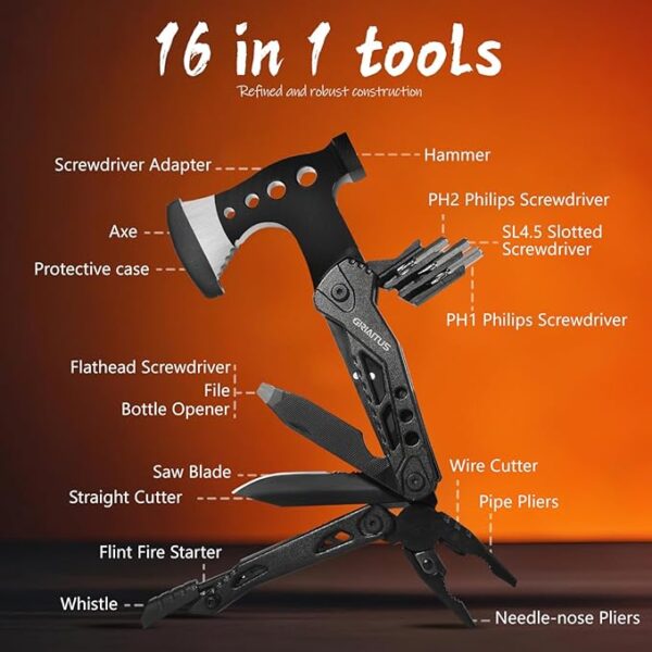 Camping Multitool Accessories Gifts for Men Dad 16 in 1 Upgraded Multi Tool Survival Gear with Axe Hammer Pliers Saw Screwdrivers Bottle Opener Whistle & Portable Sheath For Hiking,Fishing - Image 3
