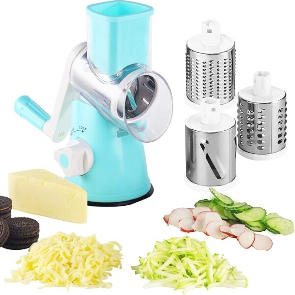 Cheese Grater Hand Crank - 3-in-1 Stainless Steel Rotary Grater & Shredder for Cheese, Vegetables, Nuts, Chocolate - Easy Crank Manual Food Grinder with Drum Slicer (Blue) - Image 2
