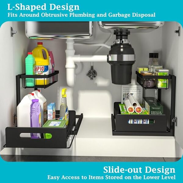 REALINN Under Sink Organizer, Pull Out Cabinet Organizer Slide Out Sink Shelf Cabinet Storage Shelves, Storages for Kitchen Bathroom, Black, 2 Pack - Image 4