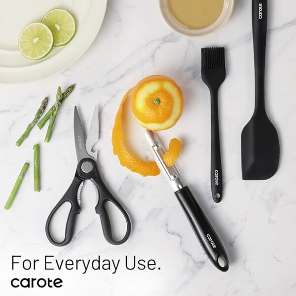CAROTE 16 Pieces Kitchen Utensils Set, Silicone Cooking Utensils Set with Wooden Handle, Stainless Steel Knife Set with Block, Kitchen Utensil Gadgets Cutlery with Anti-slip Handle, Black - Image 5