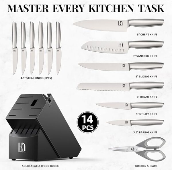 Knife Set Premium, Japanese 14 PCS Kitchen Knife Set with Block and Built-in Sharpener High Carbon Stainless Steel, Ultra Sharp Knife Block Set for Kitchen, Quality Acacia Wood Block - Image 5