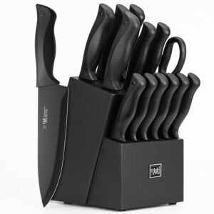Knife Set, HUNTER.DUAL 15 Pcs Kitchen Knife Set with Block Self Sharpening, Dishwasher Safe, Anti-slip Handle, Black