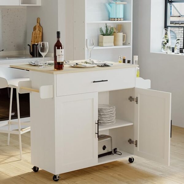 IRONCK Rolling Kitchen Island Table on Wheels with Drop Leaf, Storage Cabinet, Drawer, Spice/Towel Rack, Kitchen Cart, 47.25" Wide White - Image 3