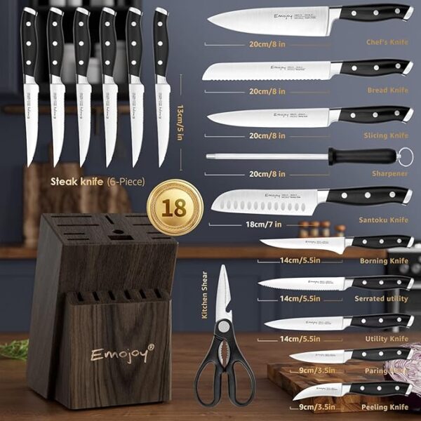 Emojoy Knife Set, 18-Piece Kitchen Knife Set with Block Wooden, Manual Sharpening for Chef Knife Set, German Stainless Steel - Image 3