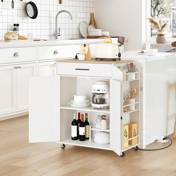 HOOBRO Kitchen Island with Power Outlet, Kitchen Storage Island with Spice Rack and Drawer, Rolling Kitchen on Wheels, for Home, Dining Room, Natural and White - Image 3