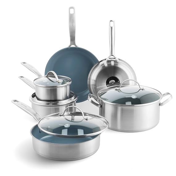 GreenPan Treviso 10 Piece Cookware Set, Non-Toxic PFAS-Free Stainless Steel Ceramic Nonstick Coating, Induction Suitable, Pots, Pans Lids, SautÃ© & Saucepans, Multi Clad, Dishwasher & Oven Safe