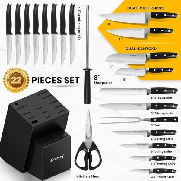 Emojoy 22-Piece Kitchen Knife Set with Block, Include 2-pair Chef Knives, Carving Fork and Sharpener (Dual-Chef Sets) - Image 3