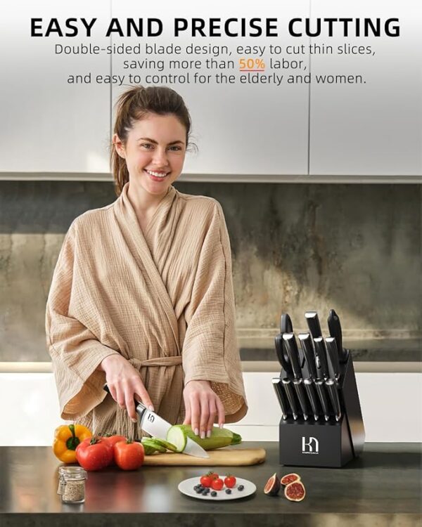 2025 Knife Set 15 Pcs Japanese High Carbon Stainless Steel Kitchen Knife Sets with Block & Sharpener, Premium Razor-Sharp Black Knives Block Set for Kitchen, Ergonomic Full-Tang Handle - Image 6