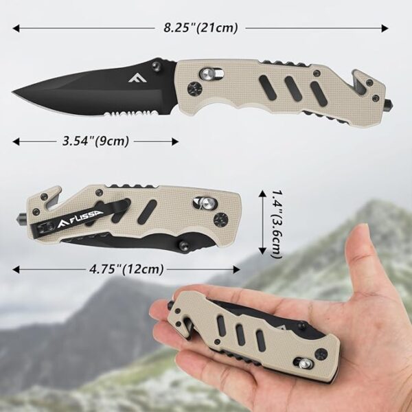 FLISSA Folding Pocket Knife with Clip, Glass Breaker and Seatbelt Cutter, Survival Knife for Emergency Rescue Situations, EDC Knife for Tactical, Hunting, Camping, Outdoor, Unique Gifts for Dad, Father - Image 4