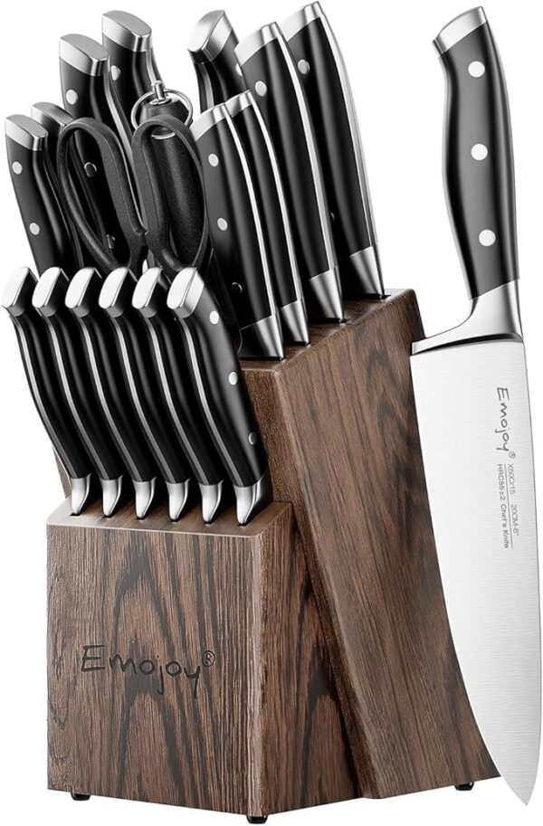 Emojoy Knife Set, 18-Piece Kitchen Knife Set with Block Wooden, Manual Sharpening for Chef Knife Set, German Stainless Steel - Image 2