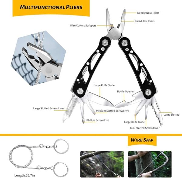 Emergency Survival Gear Kits 60 in 1, Outdoor Survival Tool with Emergency Bracelet Whistle Flashlight Pliers Pen Wire Saw for Camping, Hiking, Climbing,Car - Image 6