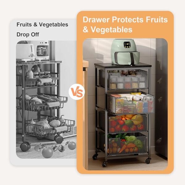 4-Tier Fruit Vegetable Storage Cart - Kitchen Organizer and Storage Cart with Wheels, Wooden Top Metal Wire Fruit Vegetable Rack Stand with Drawers to Storage Onions Potatoes Cans Snacks for Kitchen - Image 6