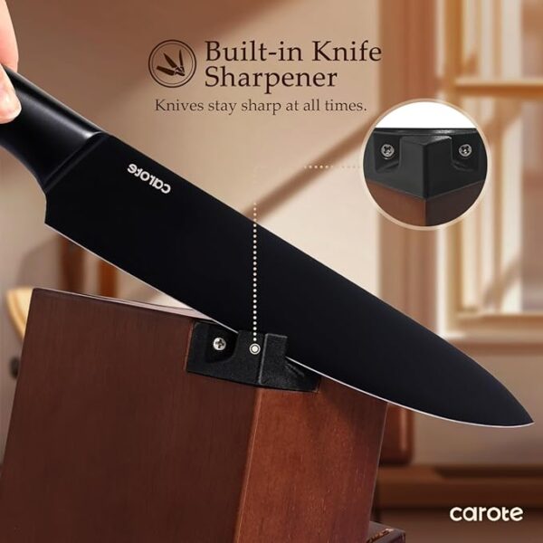 CAROTE 14Pcs Kitchen Knife Set, Dishwasher Safe knife set with Block and Sharpener, Stainless Steel Cutlery with Razor-Sharp Blades, 6 Steak Knives, Full-Black - Image 5