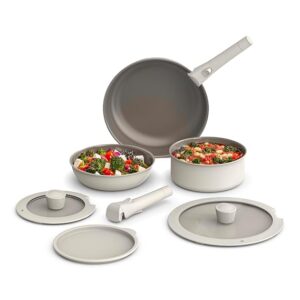bella 8 Piece Cookware Set, Fits-anywhereâ¢ Kitchenware w EverGoodâ¢ Ceramic Nonstick Coating, Removable Handles, Dishwasher & Oven Safe, All Stovetops Compatible, Glass Lids w Silicone Rims, Oatmilk