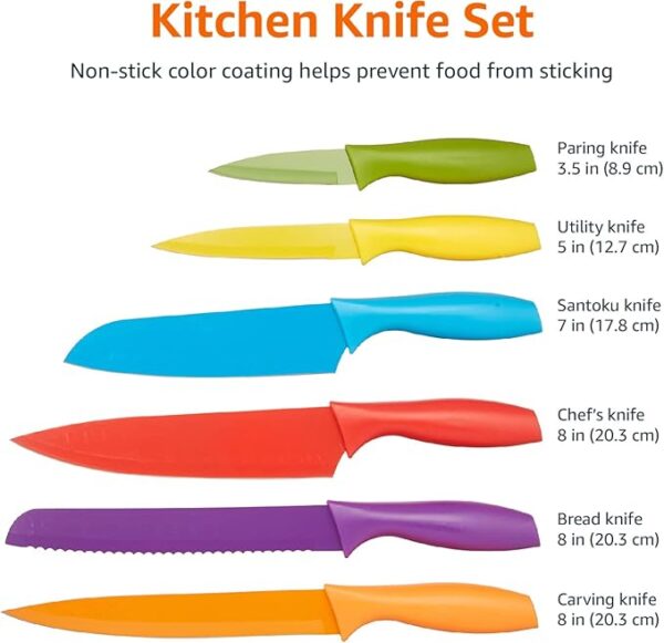 Amazon Basics Color-Coded Dishwasher Safe Kitchen 12-Piece Knife Set, 6 Knives with 6 Blade Guards, Multicolor, 13.88 x 4.13 x 1.38 inch - Image 6
